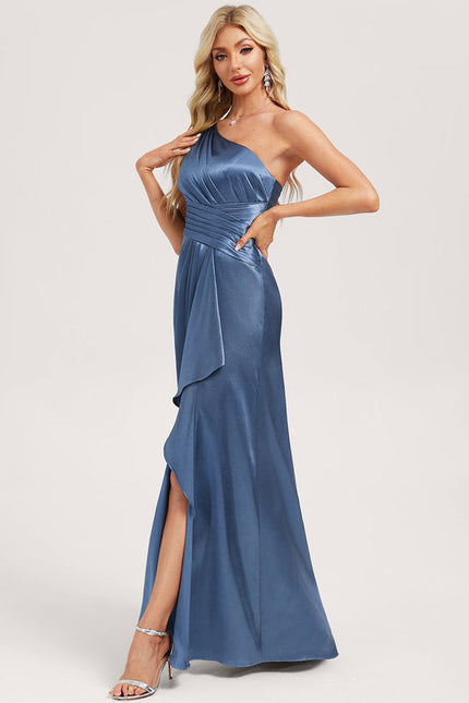 Robe Demoiselle D'Honneur Satinée Asymétrique Bleue - gallery 1