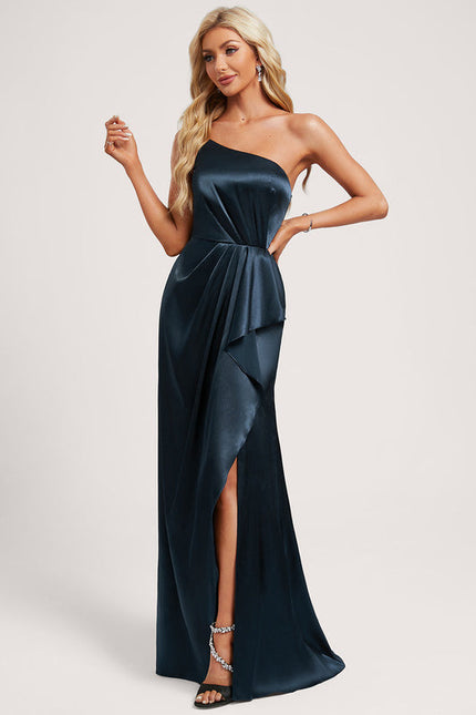 Robe Demoiselle D'Honneur Satinée Asymétrique Bleue - gallery 2