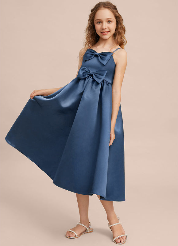Robe Demoiselle D'Honneur Bleu Satin Élégant - gallery 3