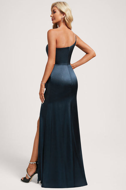 Robe Demoiselle D'Honneur Satinée Asymétrique Bleue - gallery 4