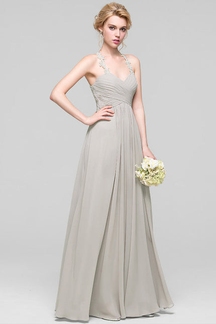 Robe Demoiselle D'Honneur Gris Clair Mousseline Dentelle - gallery 3