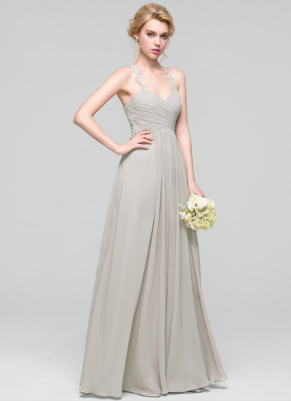 Robe Demoiselle D'Honneur Gris Clair Mousseline Dentelle - gallery 3