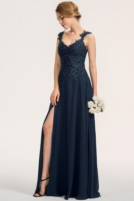 Robe Demoiselle D'Honneur Bleu Marine Dentelle Perles - gallery 2