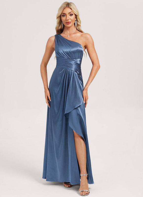 Robe Demoiselle D'Honneur Satinée Asymétrique Bleue