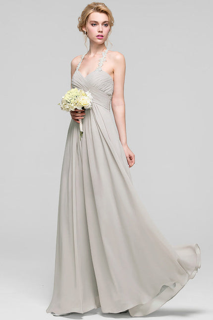 Robe Demoiselle D'Honneur Gris Clair Mousseline Dentelle - gallery 4