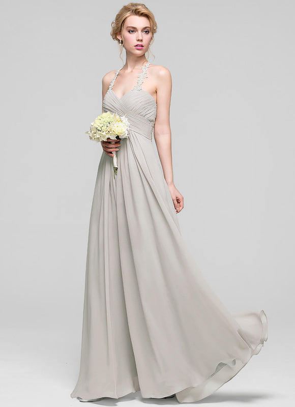 Robe Demoiselle D'Honneur Gris Clair Mousseline Dentelle - gallery 4