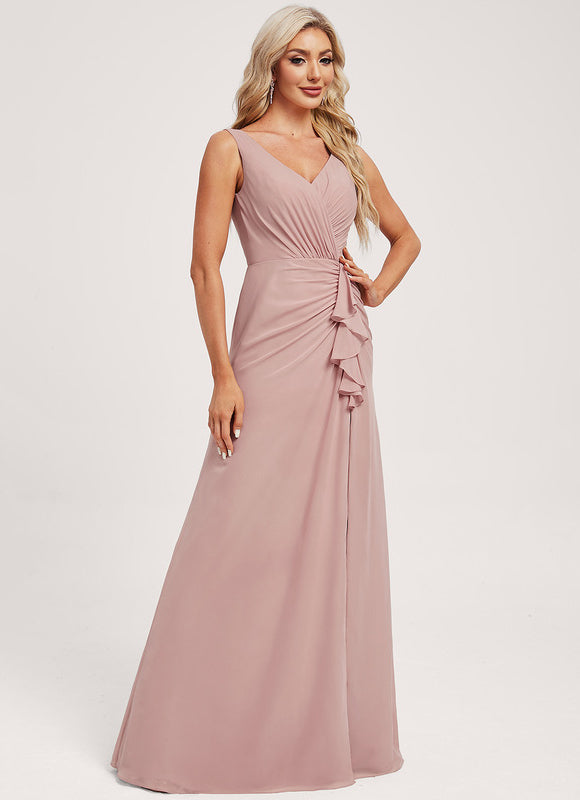 Robe Demoiselle D'Honneur Mousseline Beige - gallery 2