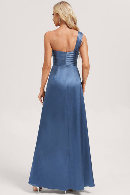 Robe Demoiselle D'Honneur Satinée Asymétrique Bleue - gallery 4