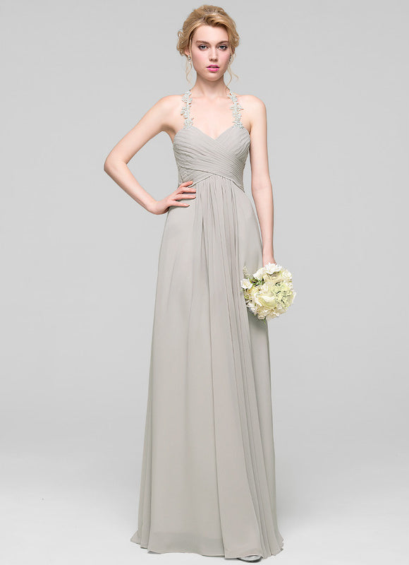 Robe Demoiselle D'Honneur Gris Clair Mousseline Dentelle - gallery 1