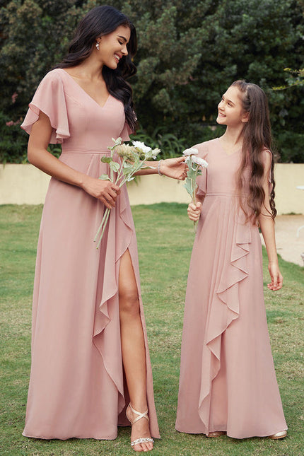 Robe Demoiselle D'Honneur À Volants Rose Pâle