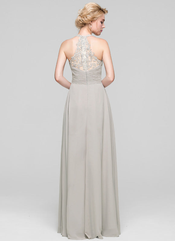 Robe Demoiselle D'Honneur Gris Clair Mousseline Dentelle - gallery 5