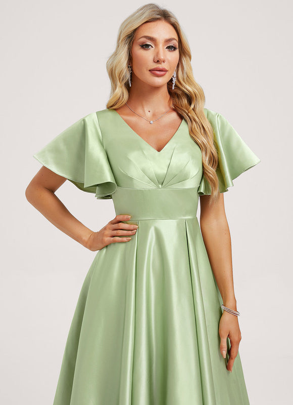Robe Demoiselle D'Honneur Asymétrique Vert Tendre - gallery 3