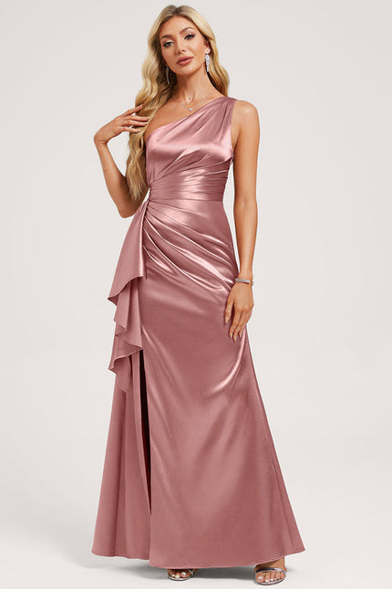 Robe Demoiselle D'Honneur Satinée Asymétrique Bleue