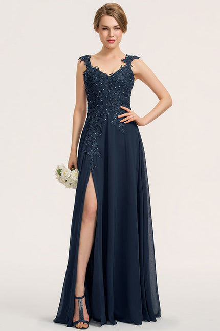 Robe Demoiselle D'Honneur Bleu Marine Dentelle Perles