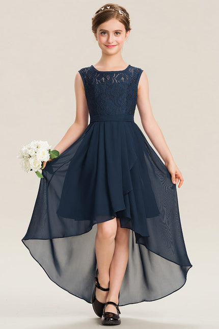 Robe Demoiselle D'Honneur Bleu Marine Asymétrique Dentelle