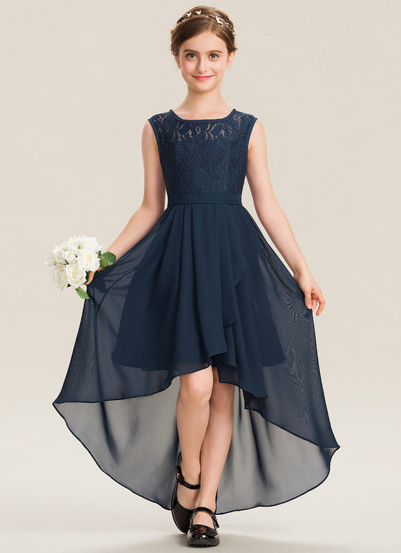 Robe Demoiselle D'Honneur Bleu Marine Asymétrique Dentelle