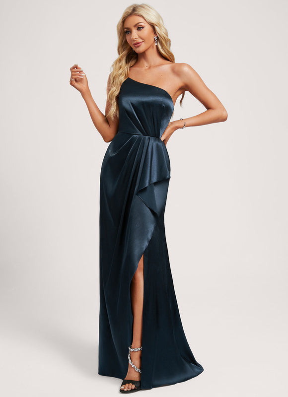 Robe Demoiselle D'Honneur Satinée Asymétrique Bleue - gallery 2