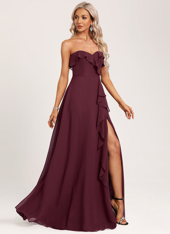 Robe Demoiselle D'Honneur Drapée Bordeaux - gallery 2