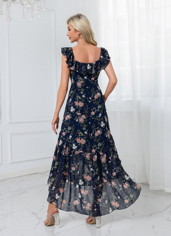 Robe Demoiselle D'Honneur Florale Asymétrique - gallery 1