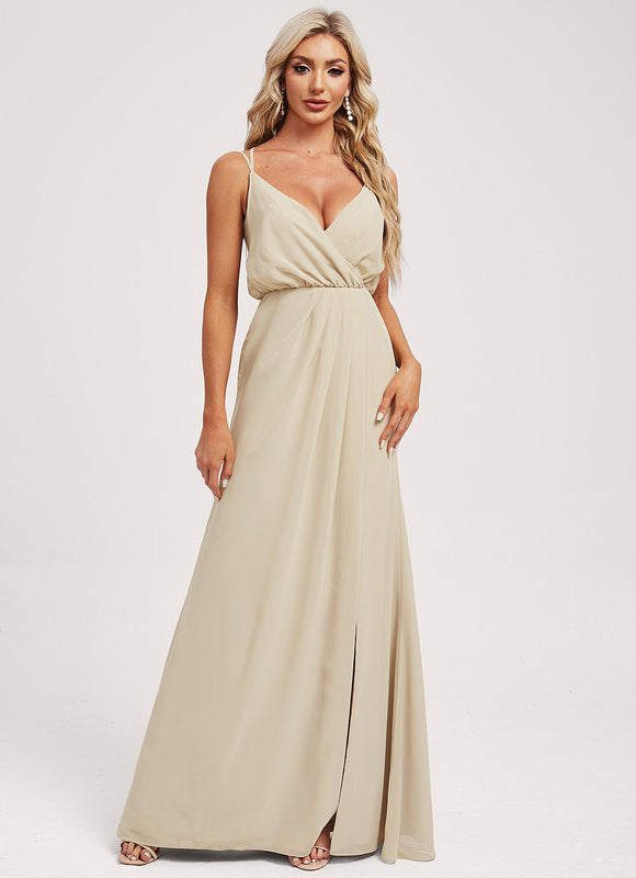 Robe Demoiselle D'Honneur Mousseline Beige - gallery 2