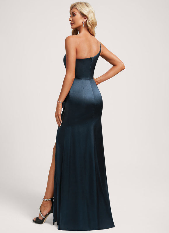 Robe Demoiselle D'Honneur Satinée Asymétrique Bleue - gallery 4