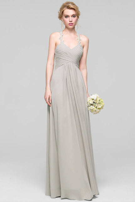 Robe Demoiselle D'Honneur Gris Clair Mousseline Dentelle - gallery 2