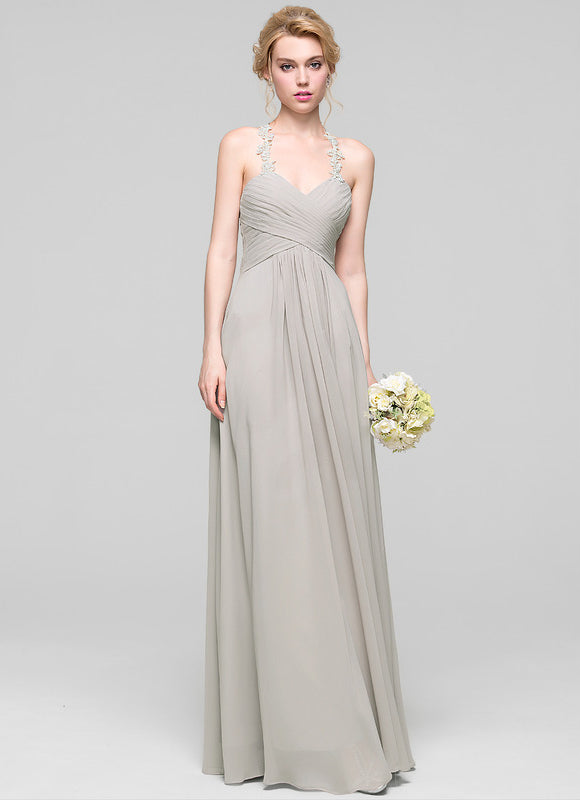 Robe Demoiselle D'Honneur Gris Clair Mousseline Dentelle - gallery 2