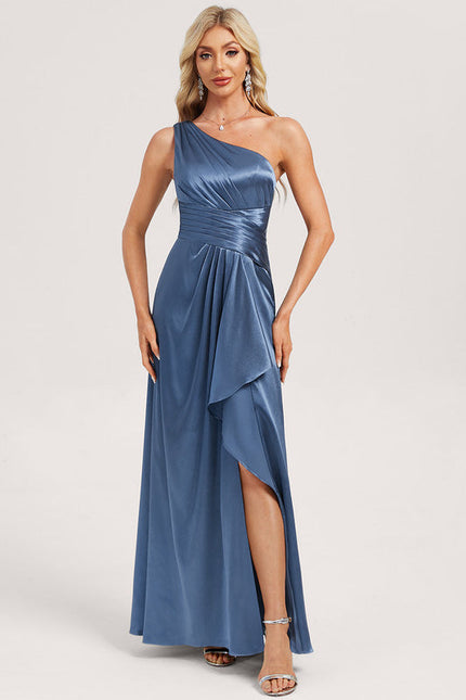 Robe Demoiselle D'Honneur Satinée Asymétrique Bleue