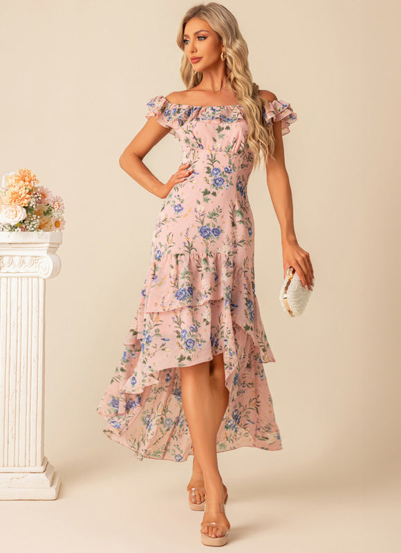 Robe Demoiselle D'Honneur Florale Asymétrique - gallery 7