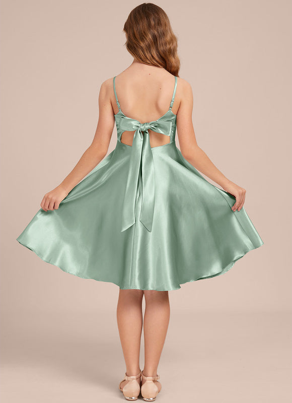 Robe Demoiselle D'Honneur Satinée Verte Douce - gallery 5