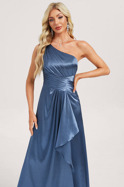 Robe Demoiselle D'Honneur Satinée Asymétrique Bleue - gallery 3