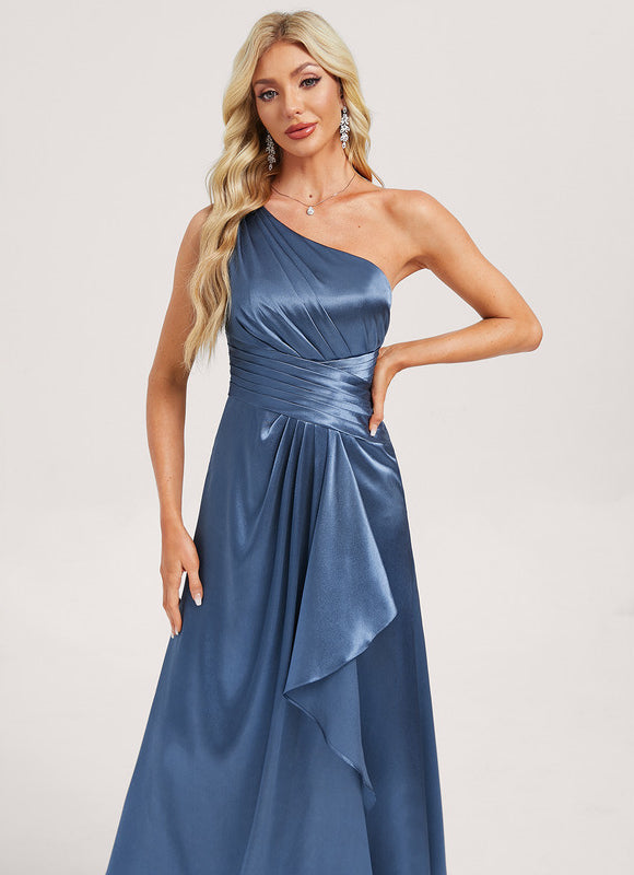 Robe Demoiselle D'Honneur Satinée Asymétrique Bleue - gallery 3