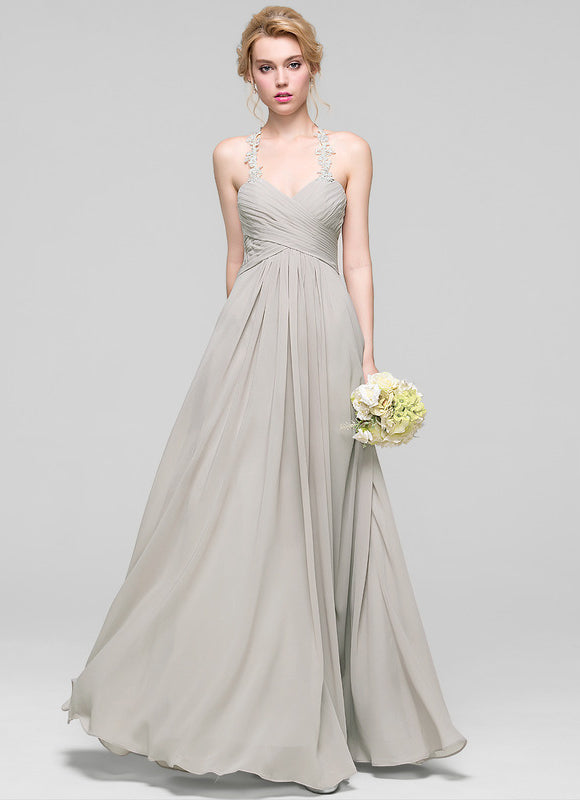 Robe Demoiselle D'Honneur Gris Clair Mousseline Dentelle