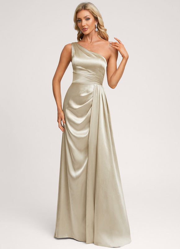 Robe Demoiselle D'Honneur Satinée Asymétrique Bleue