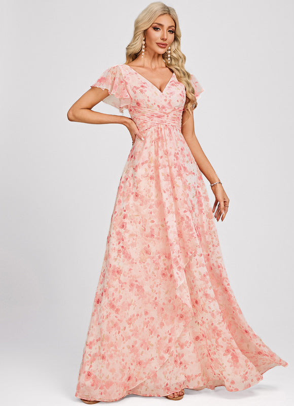 Robe Demoiselle D'Honneur À Volants Rose Pâle