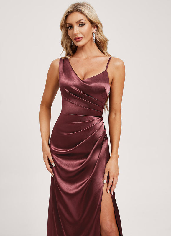 Robe Demoiselle D'Honneur Satinée Bourgogne - gallery 3