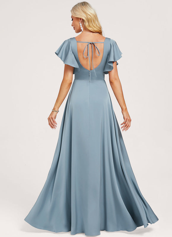 Robe Demoiselle D'Honneur Satin Aérien Bleu - gallery 4