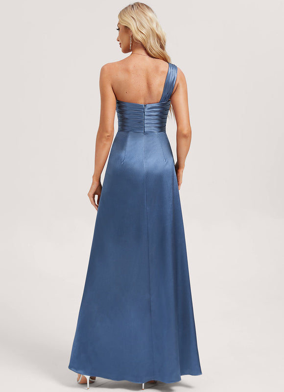 Robe Demoiselle D'Honneur Satinée Asymétrique Bleue - gallery 4