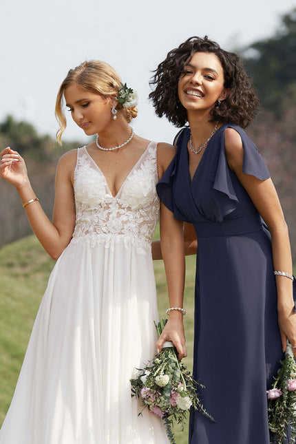 Robe Demoiselle D'Honneur Mousseline Beige - gallery 9