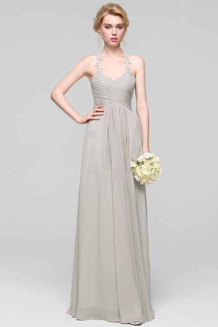 Robe Demoiselle D'Honneur Gris Clair Mousseline Dentelle - gallery 1