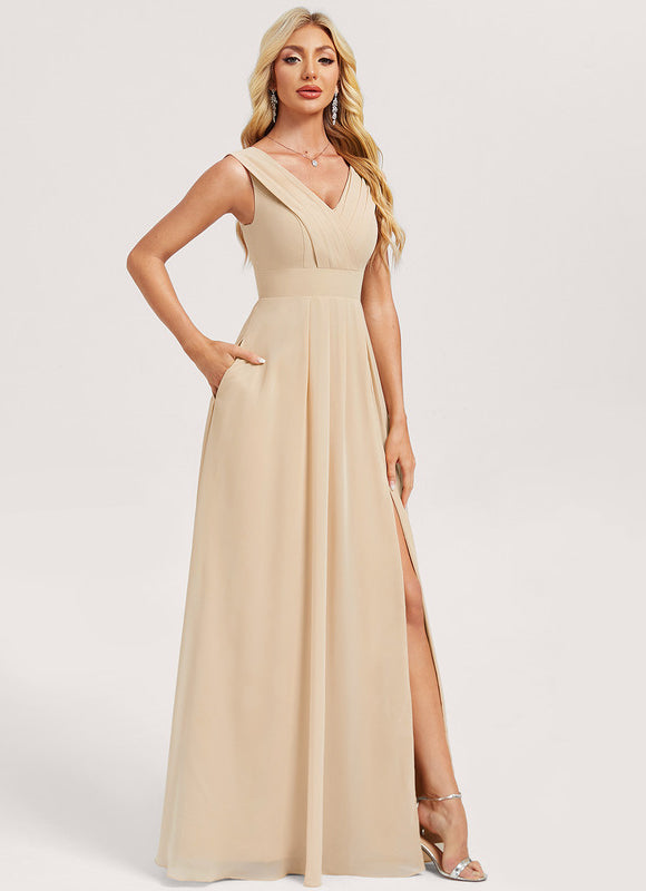 Robe Demoiselle D'Honneur Mousseline Beige - gallery 2