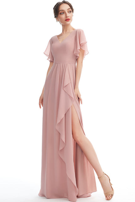 Robe Demoiselle D'Honneur À Volants Rose Pâle - gallery 2