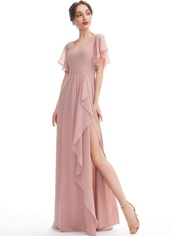 Robe Demoiselle D'Honneur À Volants Rose Pâle - gallery 2