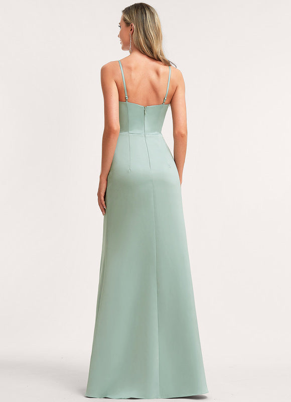 Robe Demoiselle D'Honneur Satinée Vert Deau - gallery 4