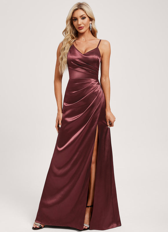 Robe Demoiselle D'Honneur Satinée Bourgogne - gallery 2