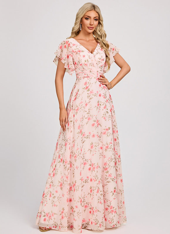 Robe Demoiselle D'Honneur À Volants Rose Pâle