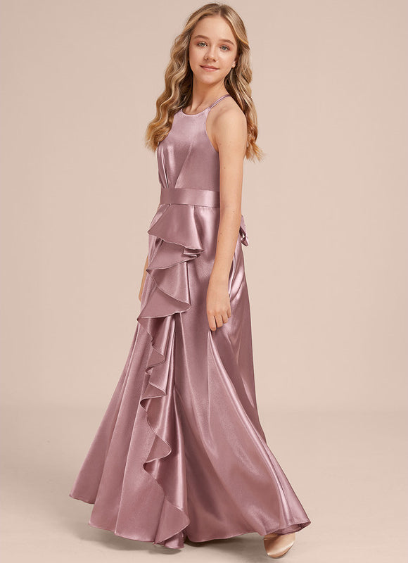 Robe Demoiselle D'Honneur Satin Lilas À Volants - gallery 1