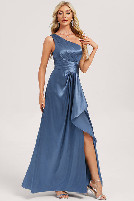 Robe Demoiselle D'Honneur Satinée Asymétrique Bleue - gallery 2