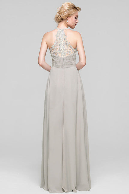 Robe Demoiselle D'Honneur Gris Clair Mousseline Dentelle - gallery 5