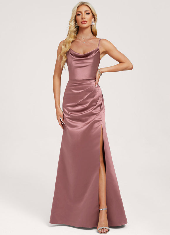 Robe Demoiselle D'Honneur Satin Rose Drapée